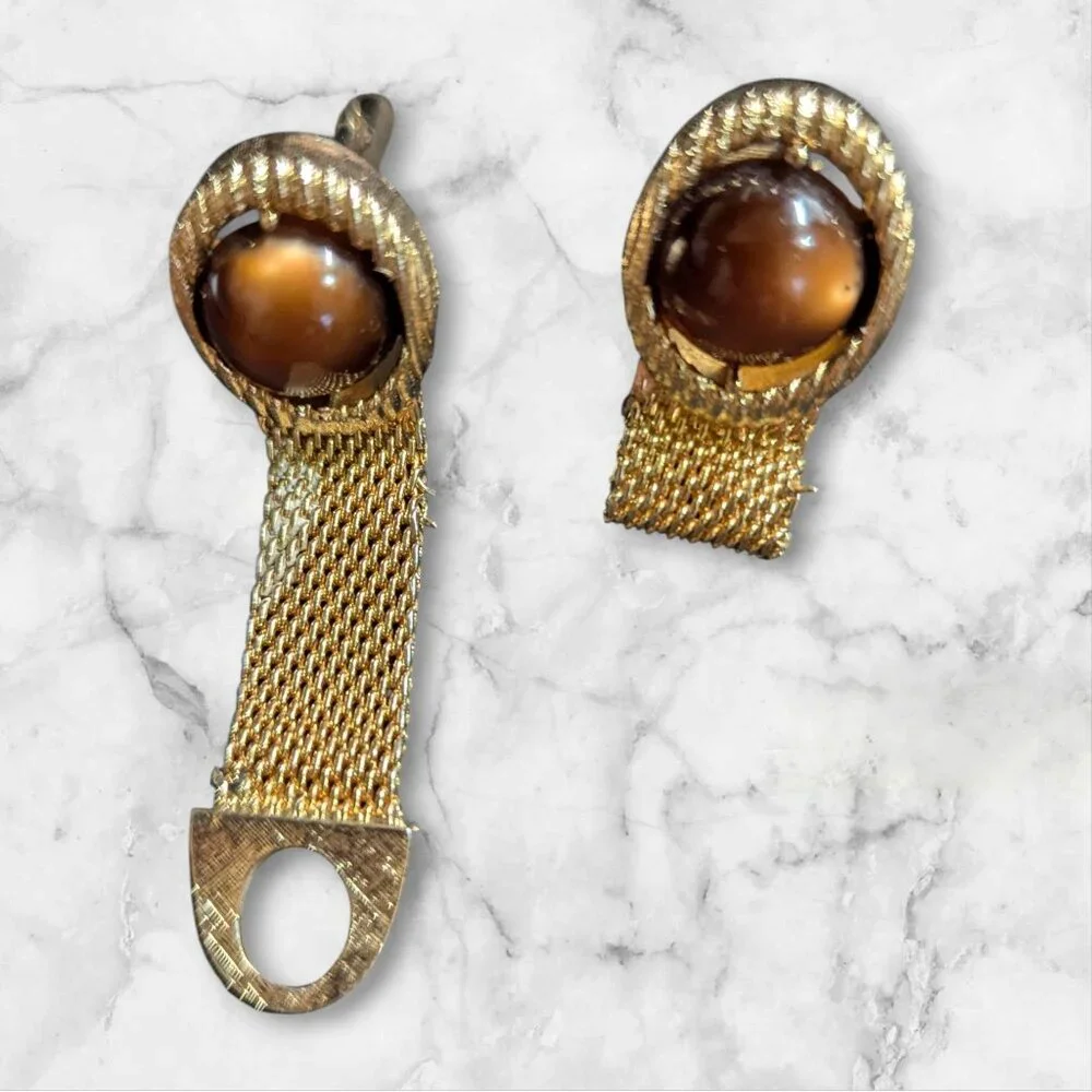 Swank Vintage Wrap Around Mesh Cufflinks Brown Cabochon Stones Gold-Tone Finish‎